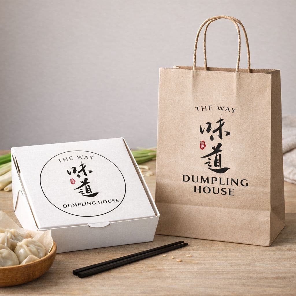 Frisch verpacktes Take-away von Silk House — handgemachte Teigtaschen im Menü-Karton, bereit zum Mitnehmen
